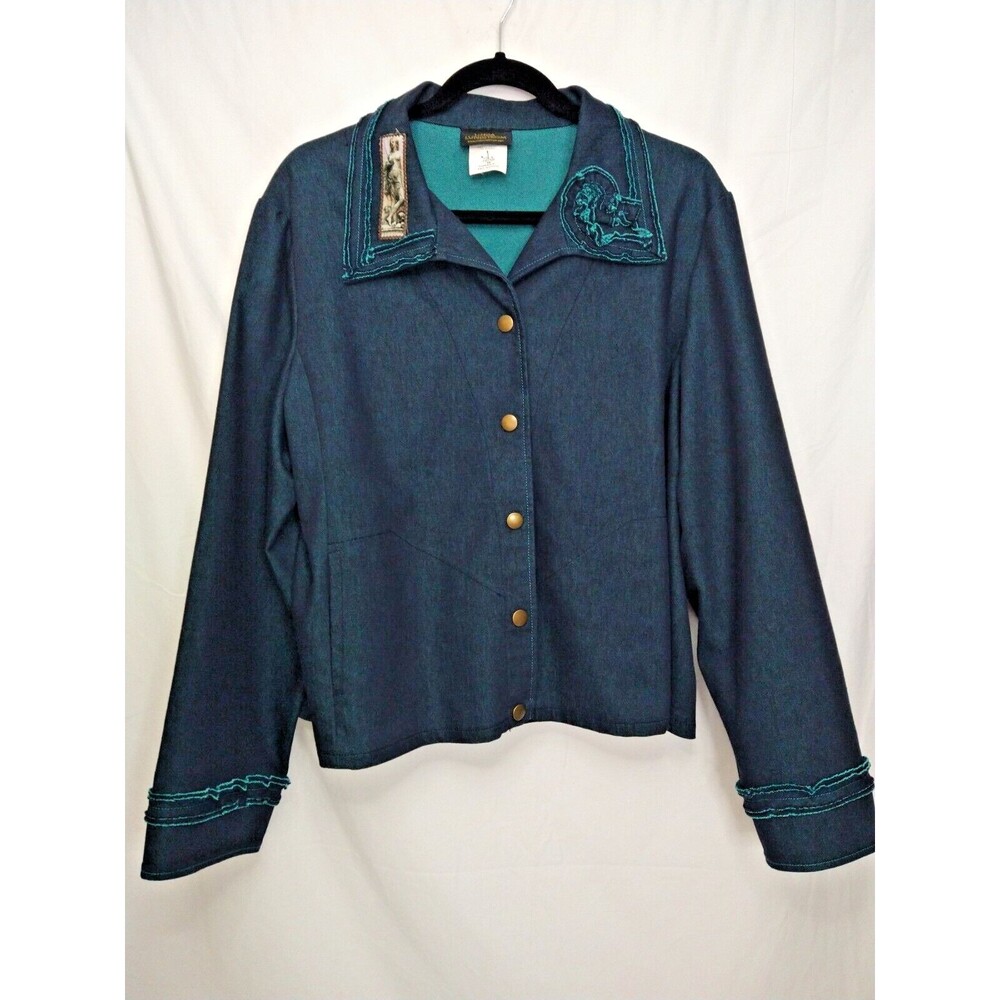 Linda Lundstrom Size 18 Vintage Dark Blue Teal Turquoise Denim Jacket Boho Art